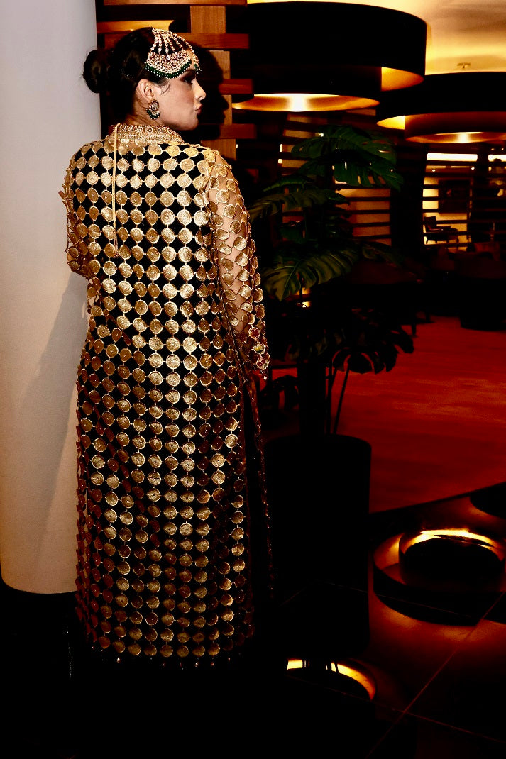 Golden Weaves Stardust – Luxury Embroidered Formal Dress by RJ’s Pret, featuring intricate gold detailing.