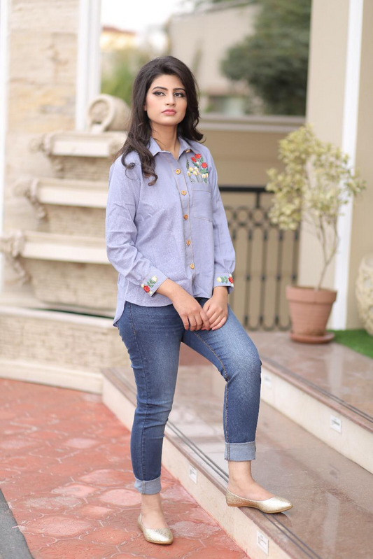 Blue Denim Embroidered Shirt | Rj’s Pret