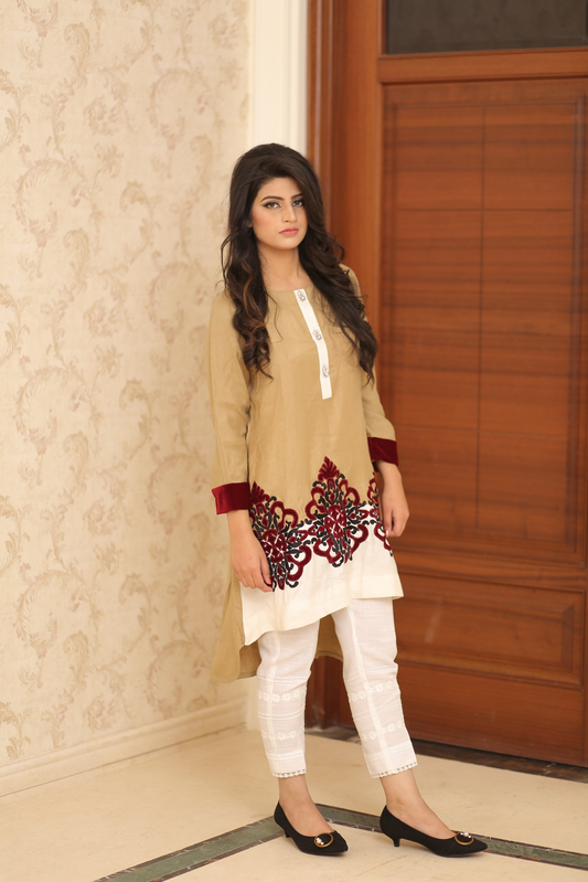 Camel Brown Shawl Asymmetrical Kurta | Rj’s Pret