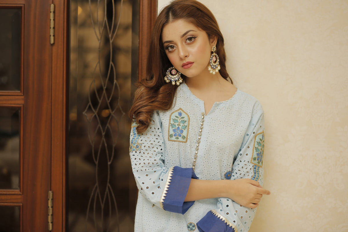 Shades of Blue Rang Embroidered Casual Shirt | RJ’S PRET