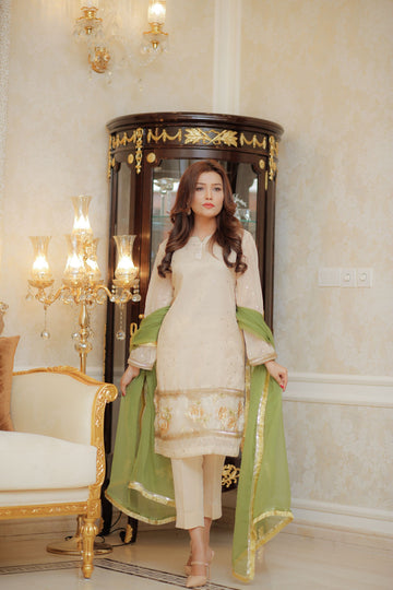 Shimmery Rose Rang Embroidered Organza & Chiffon Set | RJ’S PRET