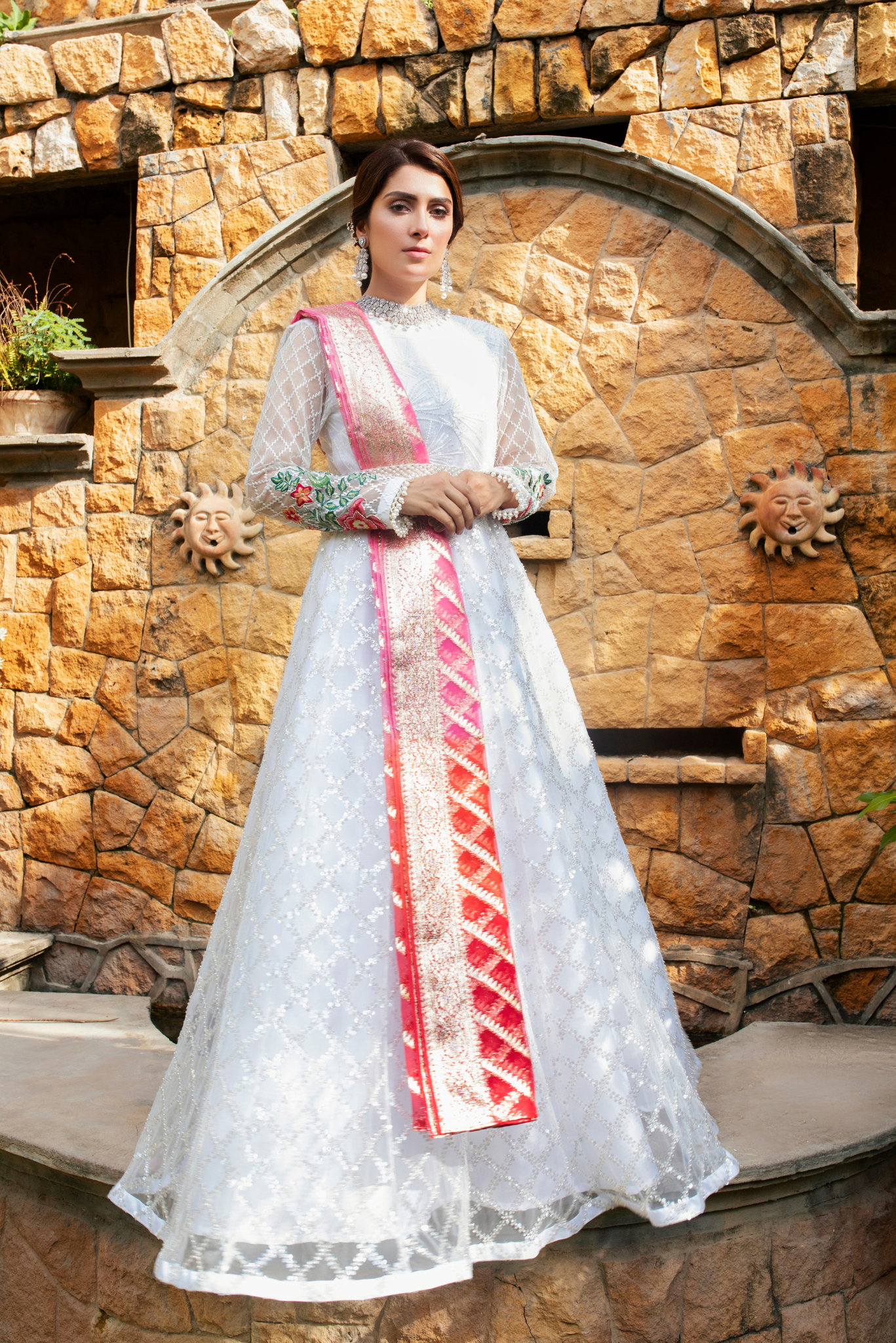 Embroidered White Long Frock Dupatta Pakistani Party Dresses