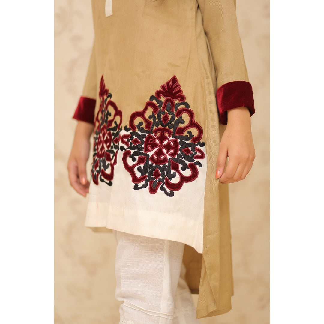 Camel Brown Shawl Asymmetrical Kurta | Rj’s Pret