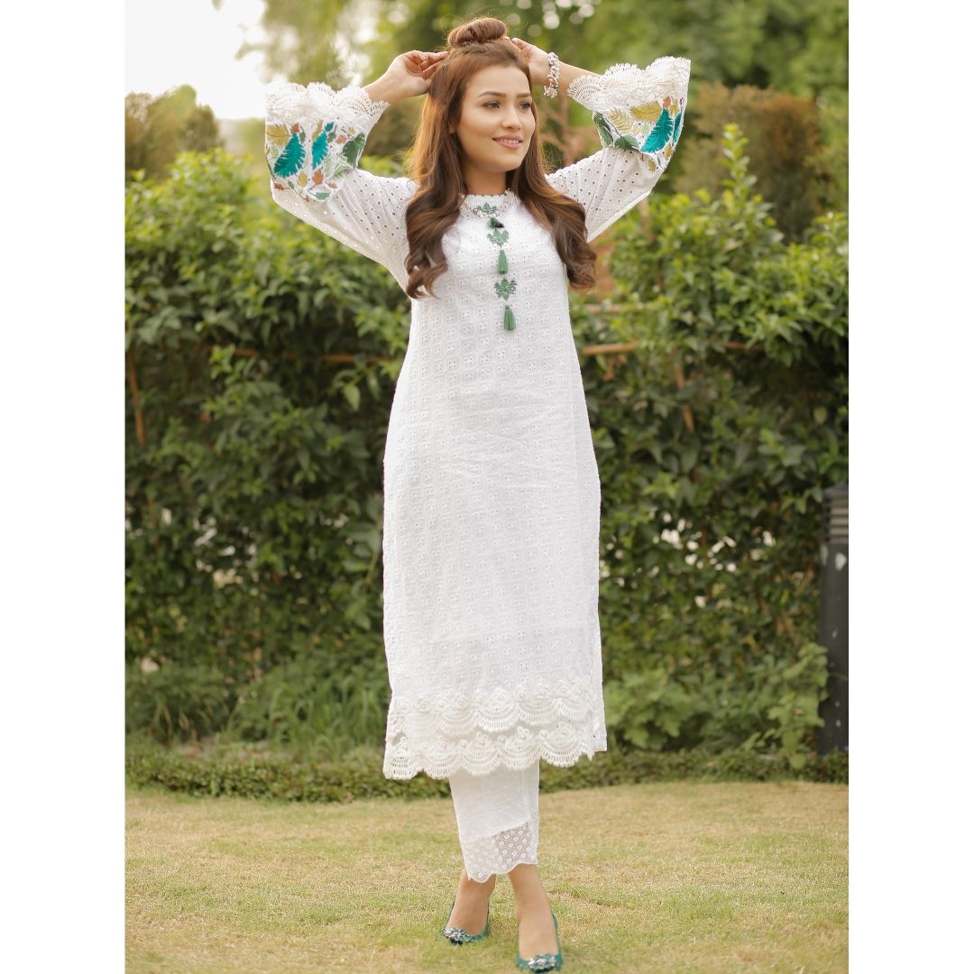 Chicken Embroidered Suit with Laces & Tassels | Go Green | Rang