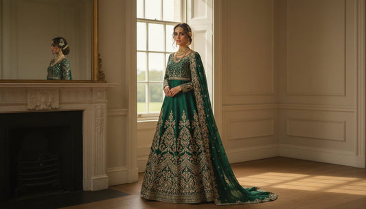 A woman in a stunning green Pakistani bridal dress 2026, showcasing intricate embroidery and a traditional style.