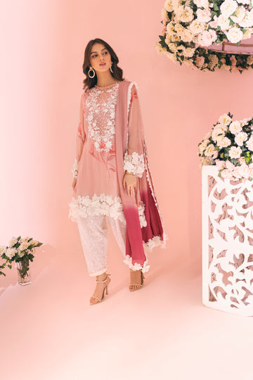 Pink Rose Inaaya Embroidered Khaddi Net Dress | RJ’S PRET