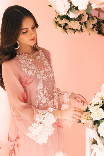 Pink Rose Inaaya Embroidered Khaddi Net Dress | RJ’S PRET