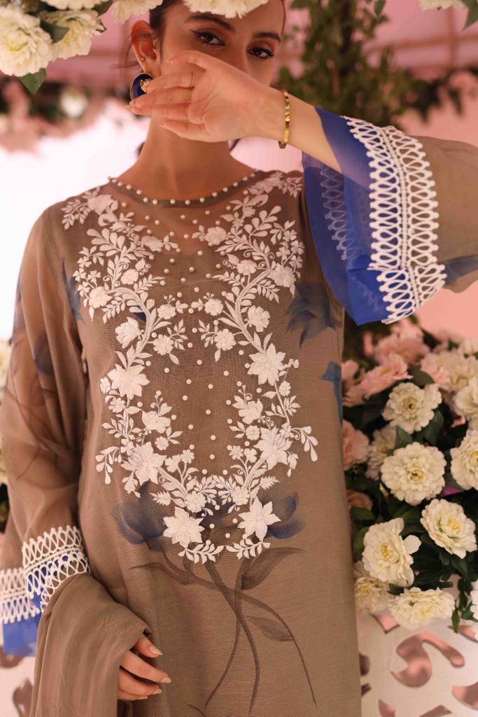 Khaddi Net Embroidered Suit with Silk Dupatta – Mist Rose Inaaya