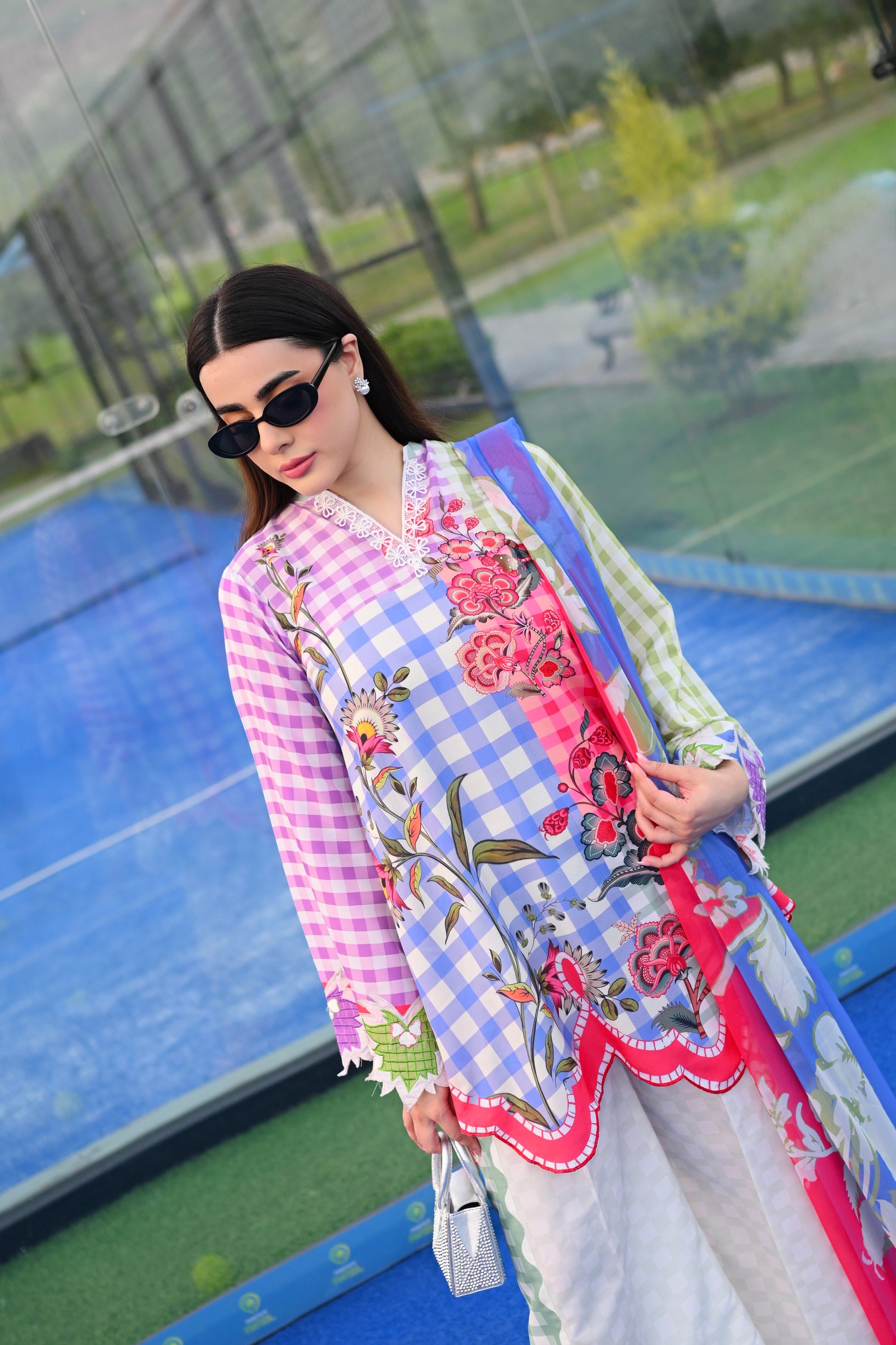 Check Me Out pastel gingham and floral printed cotton silk 3 piece with culotte trousers, Vignette 3 by RJ's Pret (look 6)