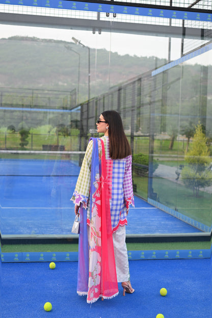 Check Me Out pastel gingham and floral printed cotton silk 3 piece with culotte trousers, Vignette 3 by RJ's Pret (look 7)