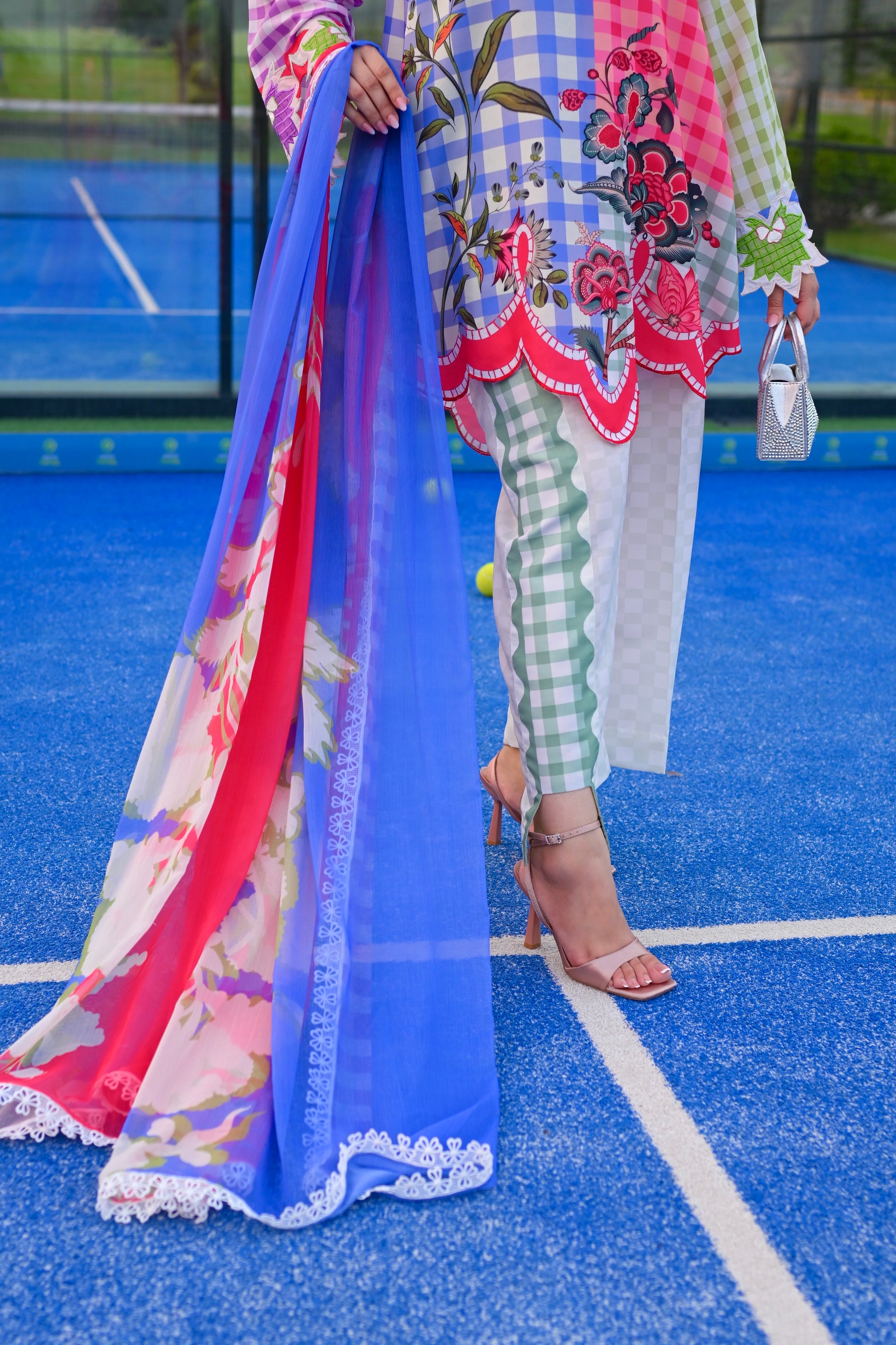 Check Me Out pastel gingham and floral printed cotton silk 3 piece with culotte trousers, Vignette 3 by RJ's Pret (look 9)