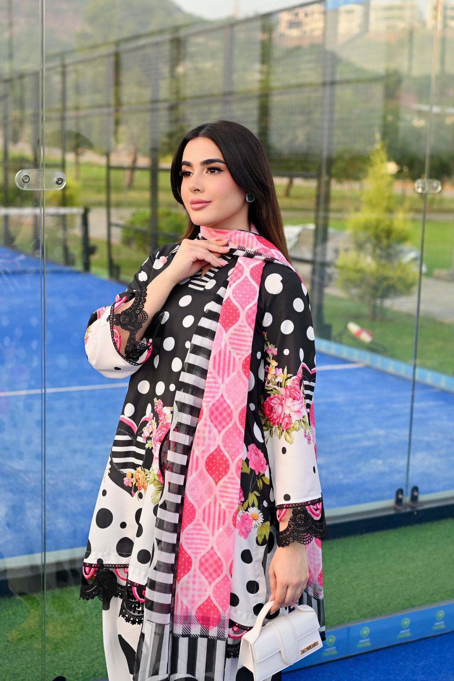 Dotty Darling black and white polka dot printed cotton silk 3 piece with pink florals, Vignette 3 by RJ's Pret (look 1)