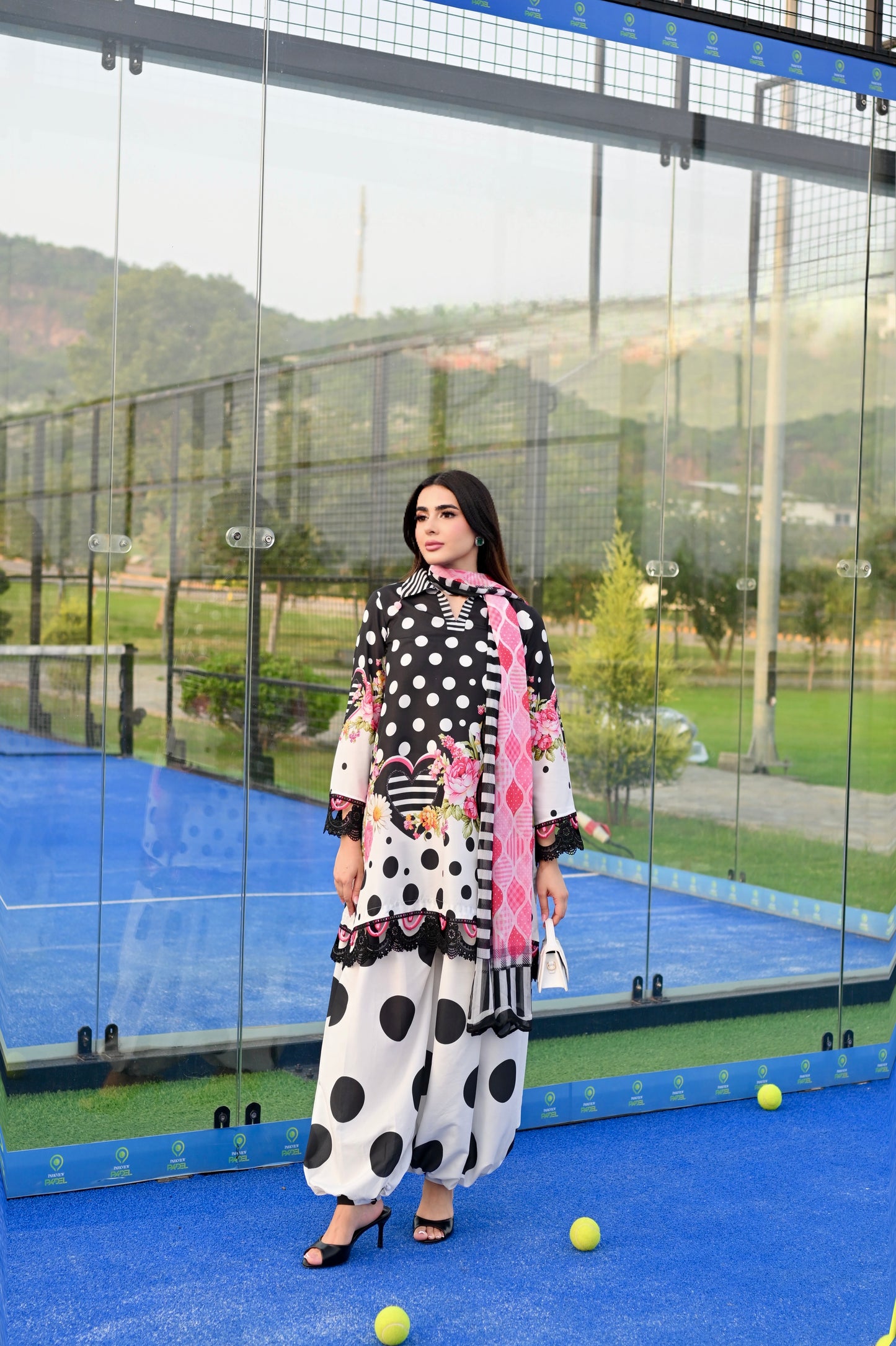 Dotty Darling black and white polka dot printed cotton silk 3 piece with pink florals, Vignette 3 by RJ's Pret (look 2)