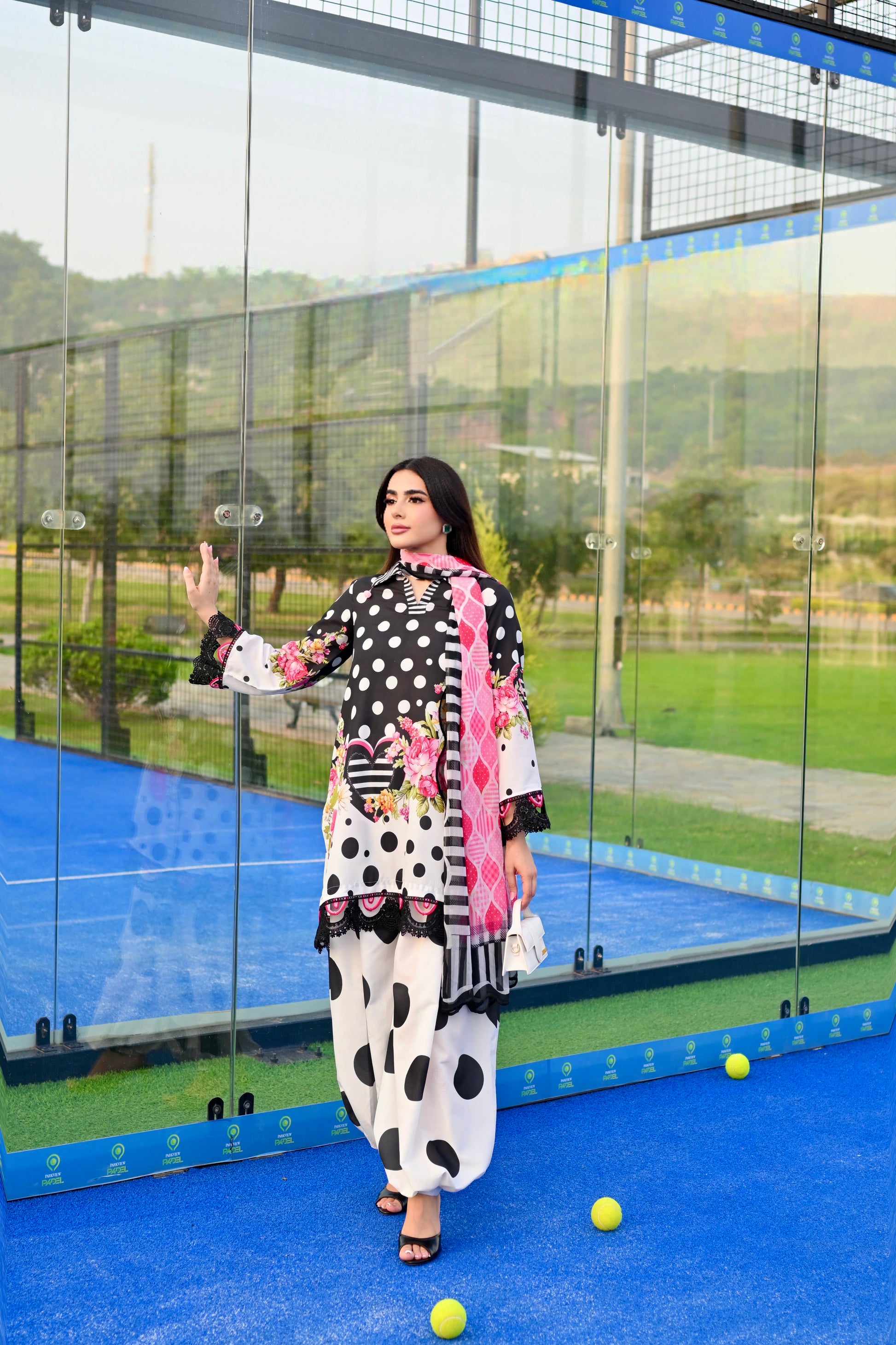 Dotty Darling black and white polka dot printed cotton silk 3 piece with pink florals, Vignette 3 by RJ's Pret (look 3)