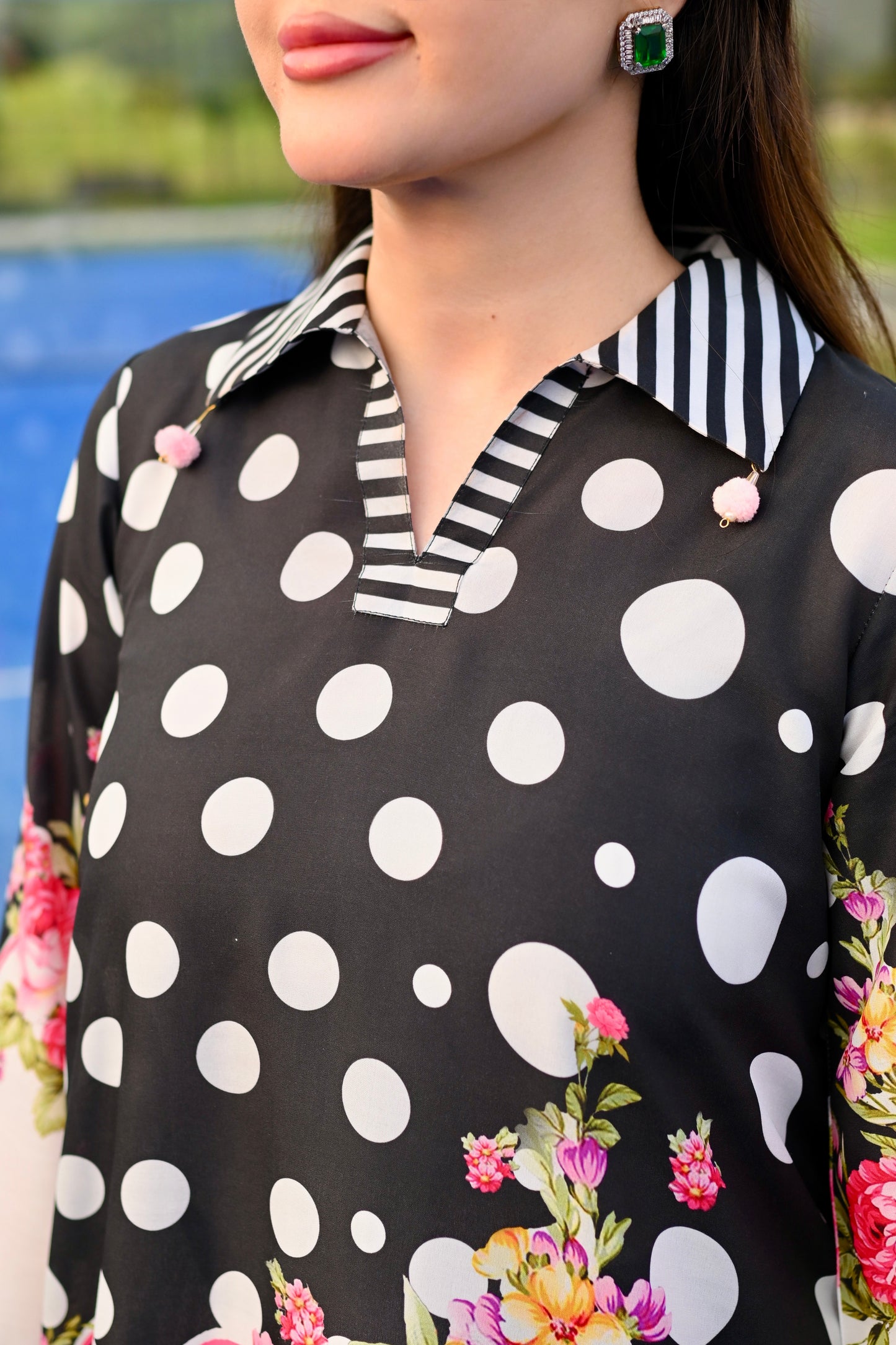 Dotty Darling black and white polka dot printed cotton silk 3 piece with pink florals, Vignette 3 by RJ's Pret (look 5)