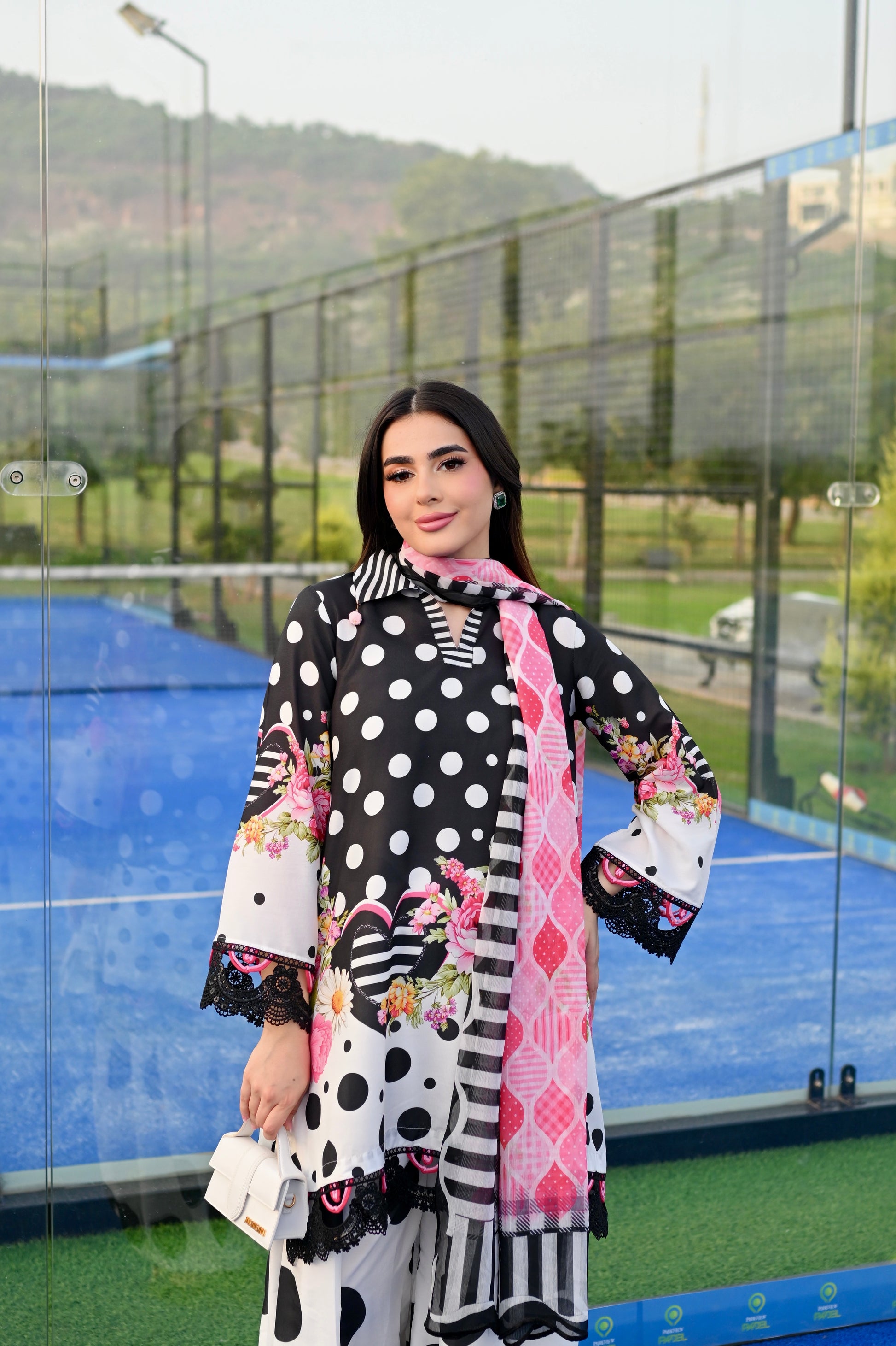 Dotty Darling black and white polka dot printed cotton silk 3 piece with pink florals, Vignette 3 by RJ's Pret (look 6)