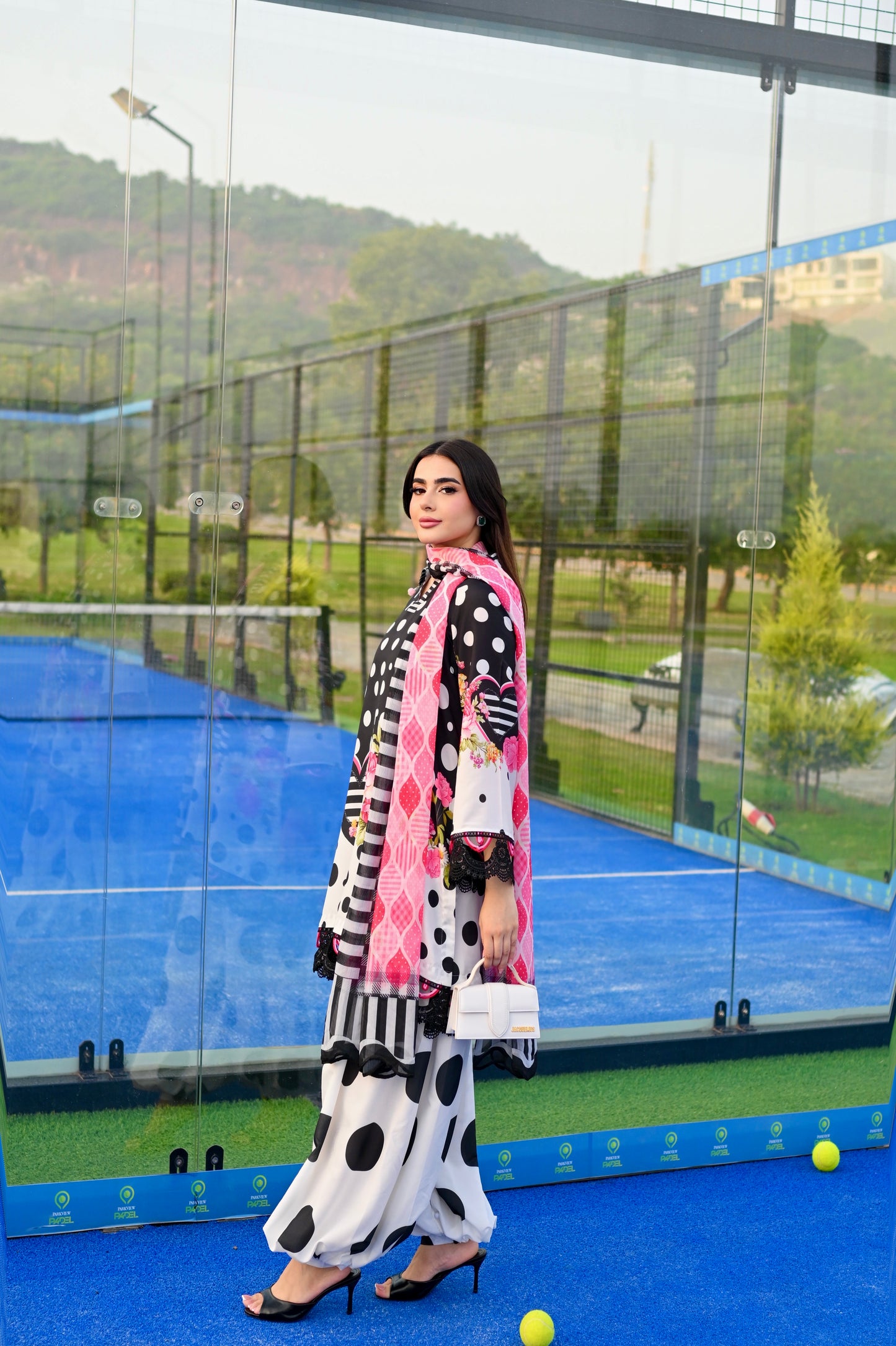 Dotty Darling black and white polka dot printed cotton silk 3 piece with pink florals, Vignette 3 by RJ's Pret (look 7)