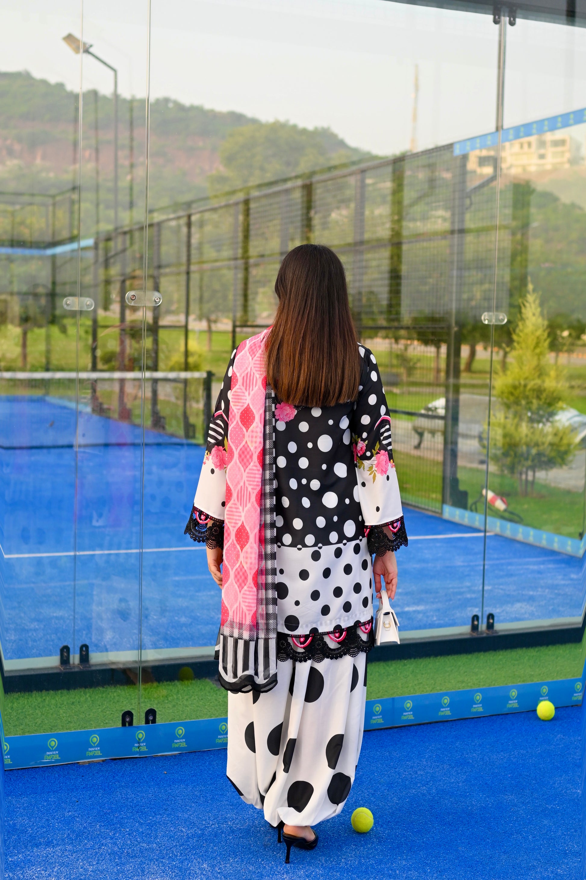 Dotty Darling black and white polka dot printed cotton silk 3 piece with pink florals, Vignette 3 by RJ's Pret (look 9)