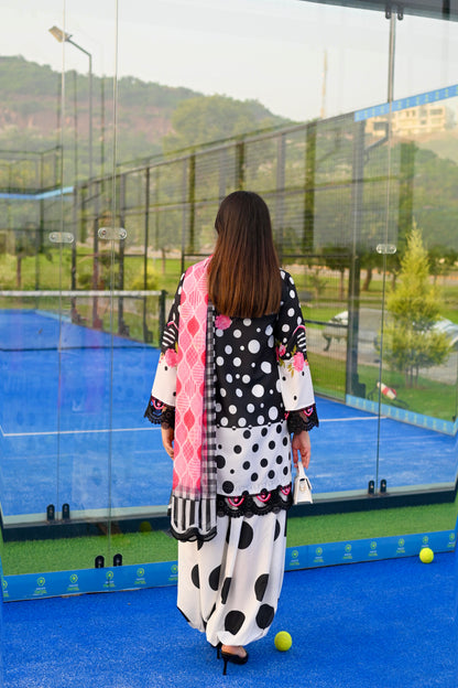Dotty Darling black and white polka dot printed cotton silk 3 piece with pink florals, Vignette 3 by RJ's Pret (look 9)