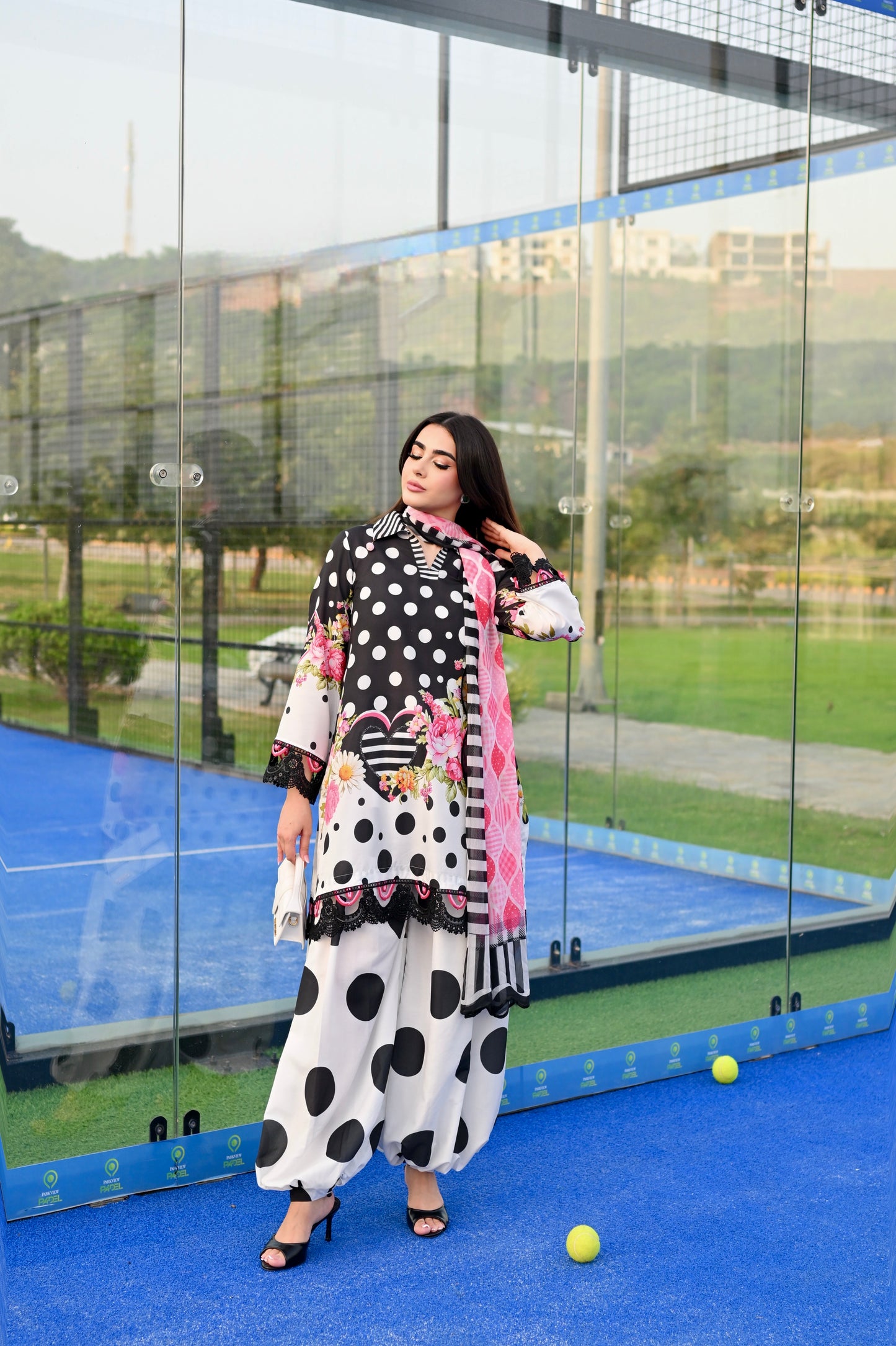 Dotty Darling black and white polka dot printed cotton silk 3 piece with pink florals, Vignette 3 by RJ's Pret (look 10)