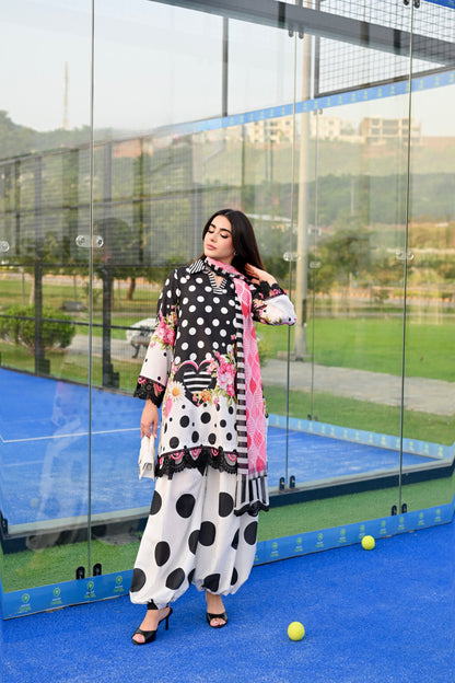 Dotty Darling black and white polka dot printed cotton silk 3 piece with pink florals, Vignette 3 by RJ's Pret (look 10)