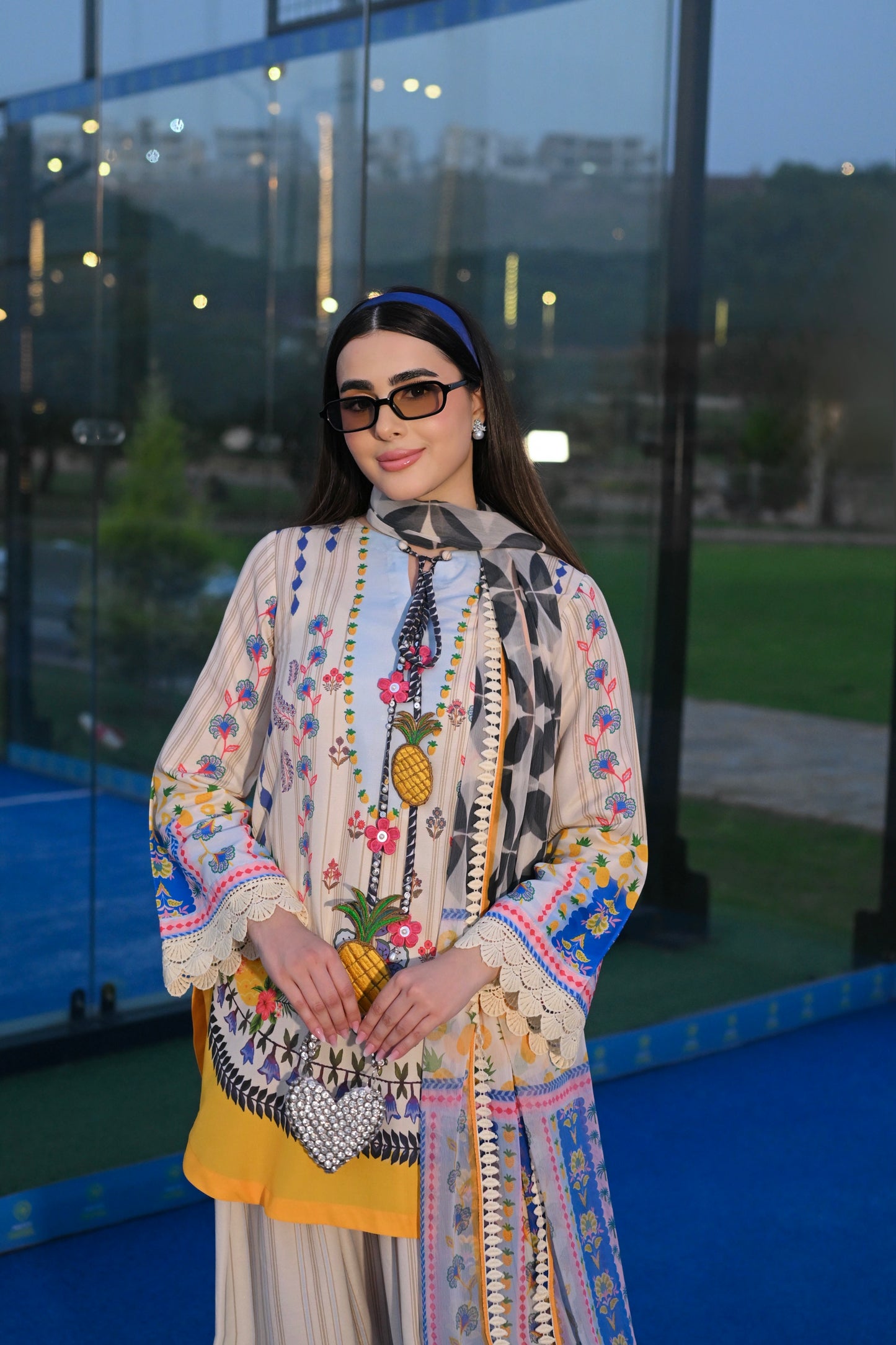 Pineapple Pop tropical printed cotton silk 3 piece with detachable tassel and Farshi shalwar, Vignette 3 by RJ's Pret (look 2)