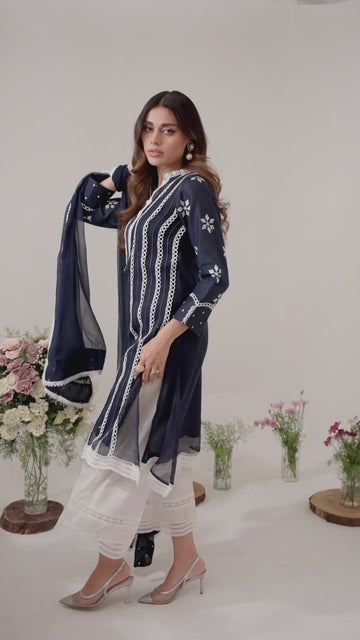 Navy Orchid Umeed Embroidered Net Kurta Set | RJS PRET