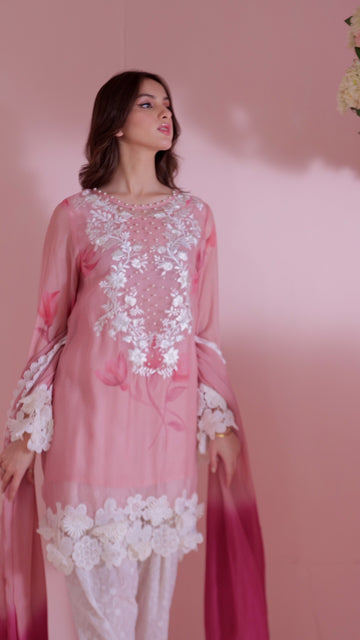 Pink Rose Inaaya Embroidered Khaddi Net Dress | RJ’S PRET