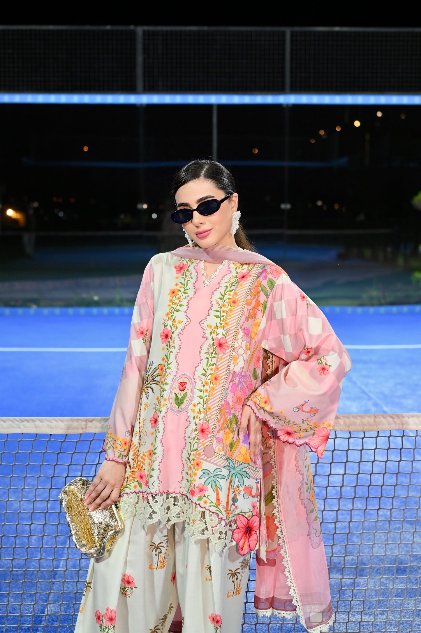 Vespa Bella pink floral cotton silk 3 piece with scooty print chiffon dupatta and Farshi shalwar, Vignette 3 by RJ's Pret (look 1)