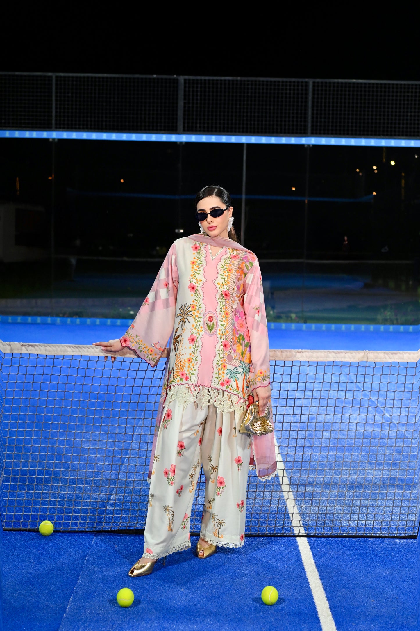 Vespa Bella pink floral cotton silk 3 piece with scooty print chiffon dupatta and Farshi shalwar, Vignette 3 by RJ's Pret (look 3)