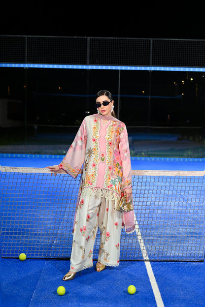 Vespa Bella pink floral cotton silk 3 piece with scooty print chiffon dupatta and Farshi shalwar, Vignette 3 by RJ's Pret (look 3)