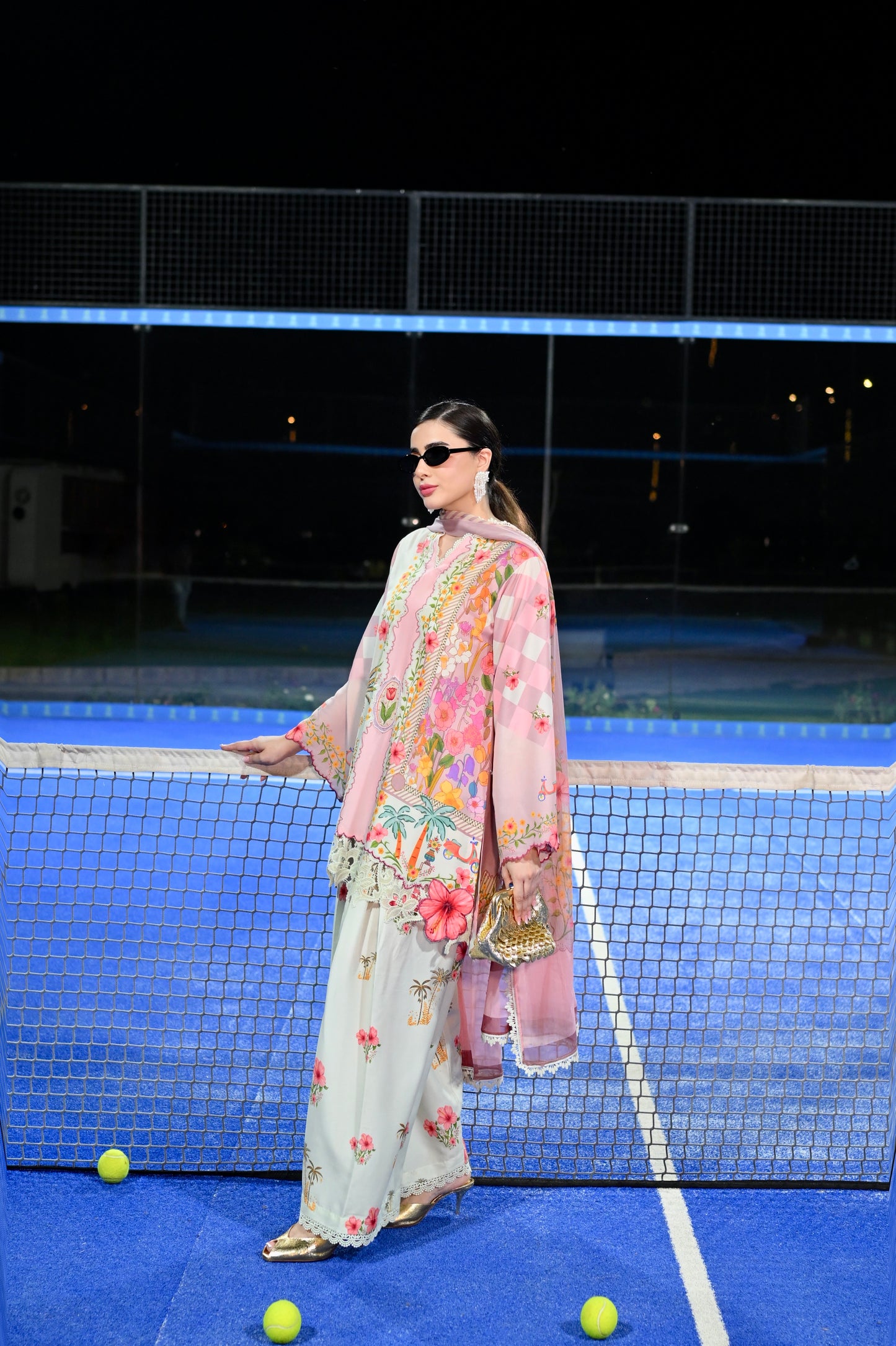 Vespa Bella pink floral cotton silk 3 piece with scooty print chiffon dupatta and Farshi shalwar, Vignette 3 by RJ's Pret (look 4)