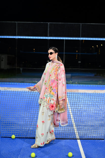 Vespa Bella pink floral cotton silk 3 piece with scooty print chiffon dupatta and Farshi shalwar, Vignette 3 by RJ's Pret (look 4)