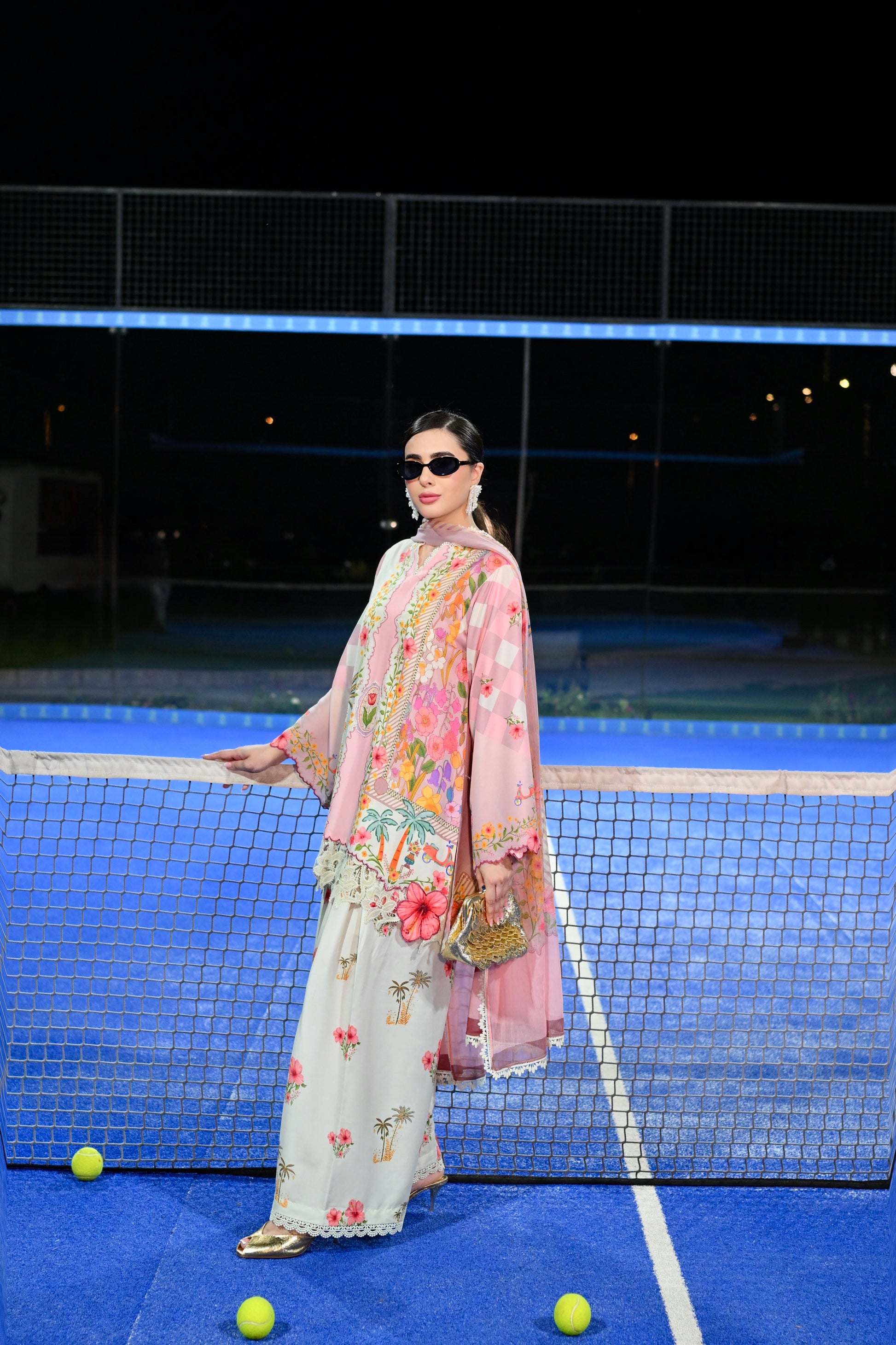 Vespa Bella pink floral cotton silk 3 piece with scooty print chiffon dupatta and Farshi shalwar, Vignette 3 by RJ's Pret (look 5)