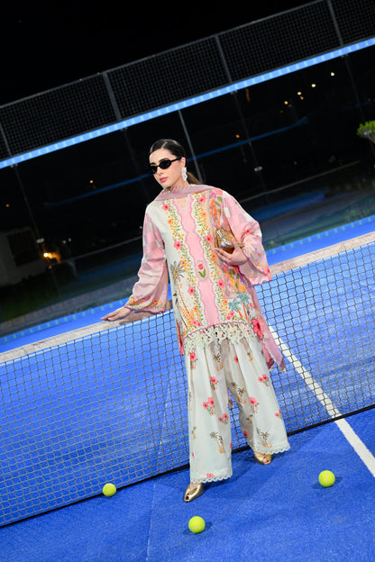 Vespa Bella pink floral cotton silk 3 piece with scooty print chiffon dupatta and Farshi shalwar, Vignette 3 by RJ's Pret (look 6)