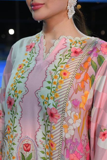 Vespa Bella pink floral cotton silk 3 piece with scooty print chiffon dupatta and Farshi shalwar, Vignette 3 by RJ's Pret (look 8)