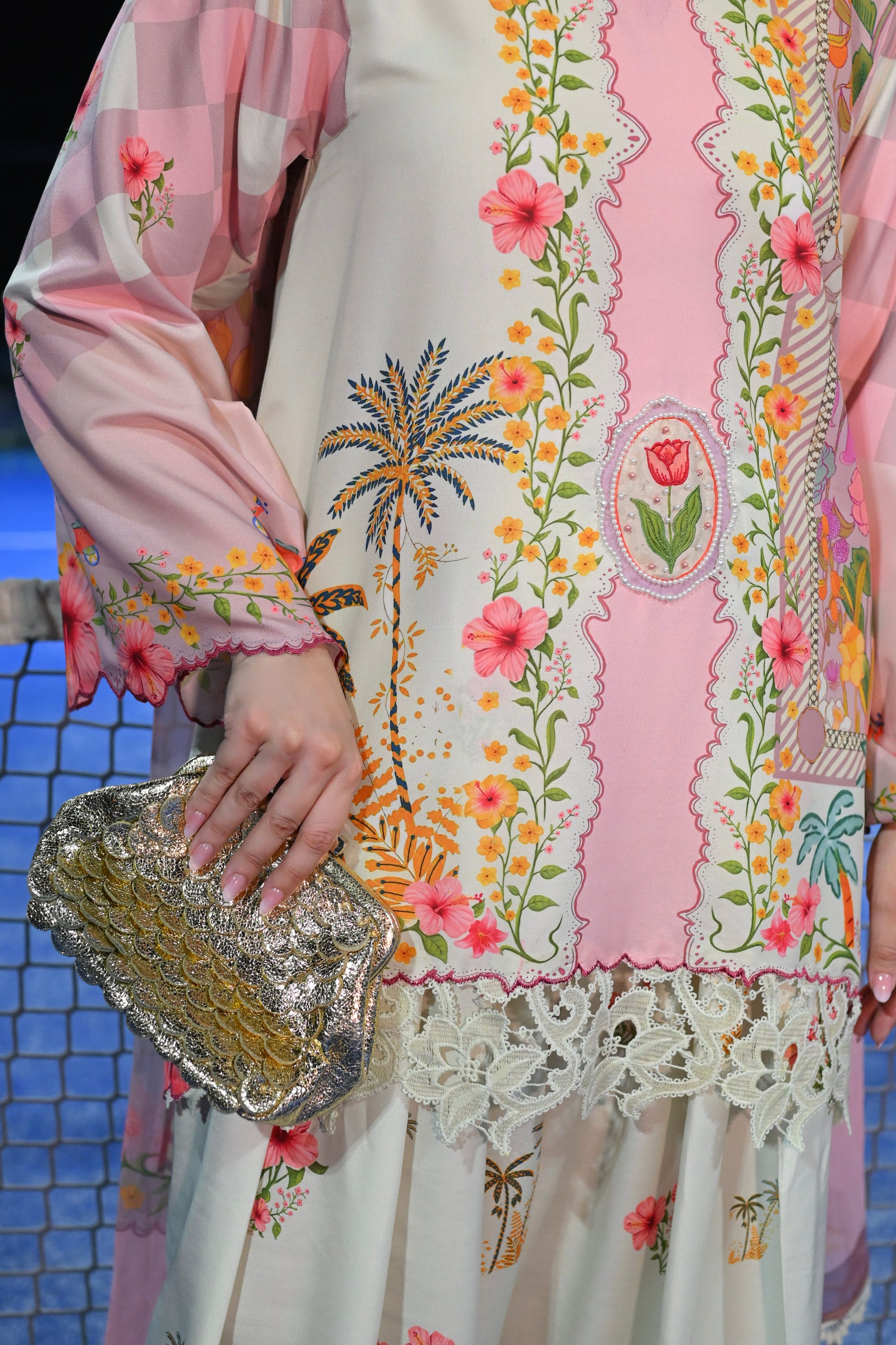 Vespa Bella pink floral cotton silk 3 piece with scooty print chiffon dupatta and Farshi shalwar, Vignette 3 by RJ's Pret (look 9)