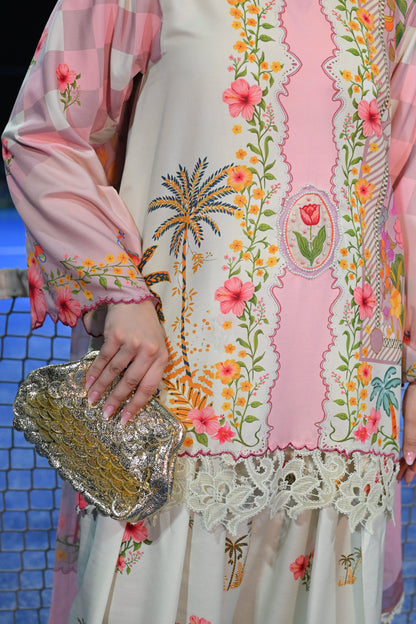 Vespa Bella pink floral cotton silk 3 piece with scooty print chiffon dupatta and Farshi shalwar, Vignette 3 by RJ's Pret (look 9)