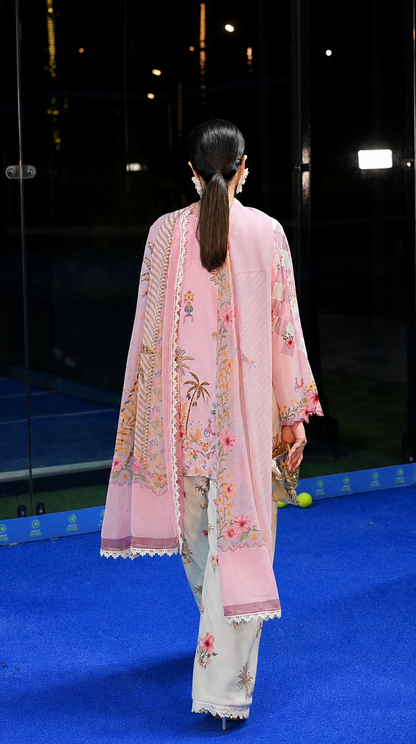 Vespa Bella pink floral cotton silk 3 piece with scooty print chiffon dupatta and Farshi shalwar, Vignette 3 by RJ's Pret (look 10)