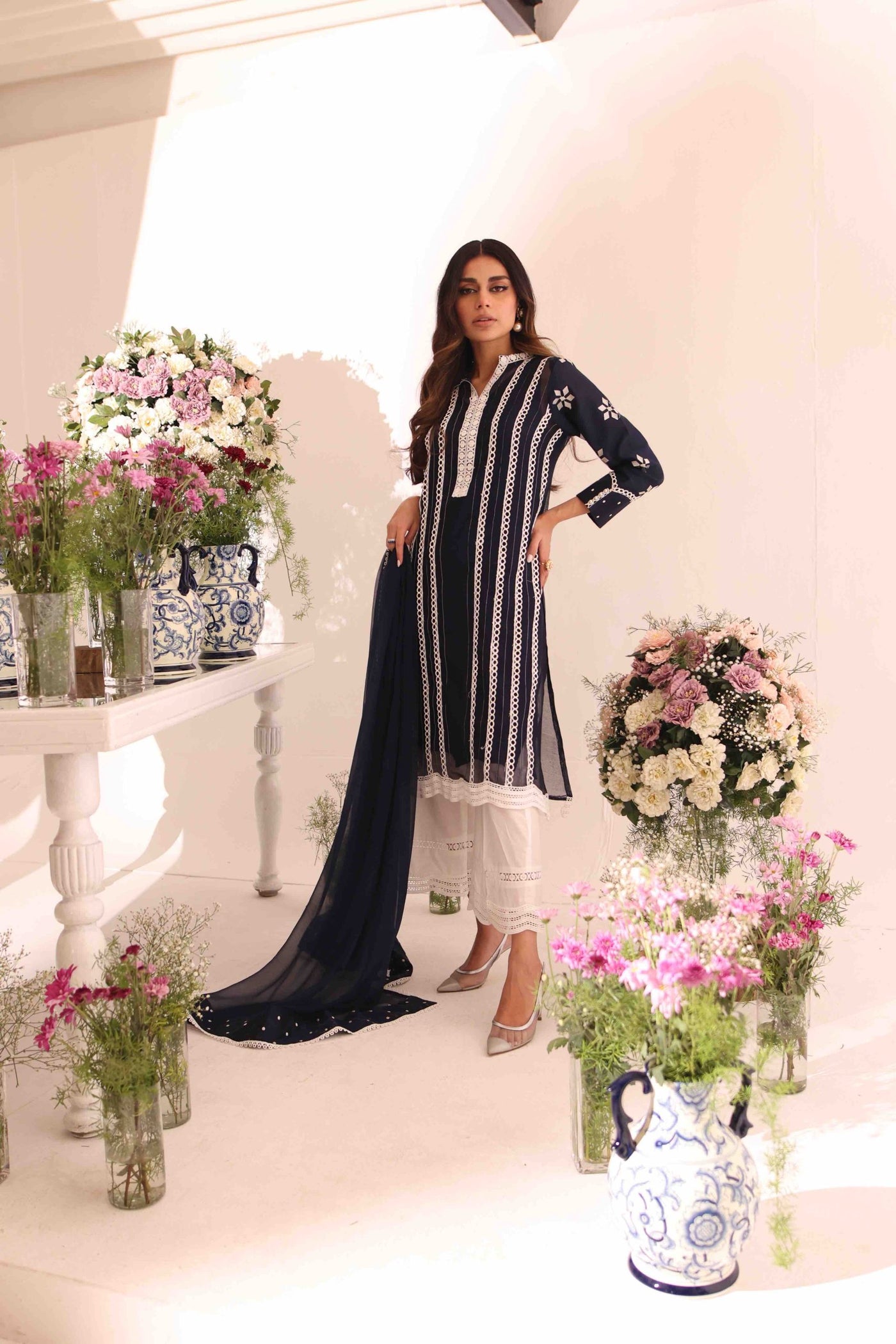 Navy Orchid Umeed Embroidered Net Kurta Set | RJS PRET