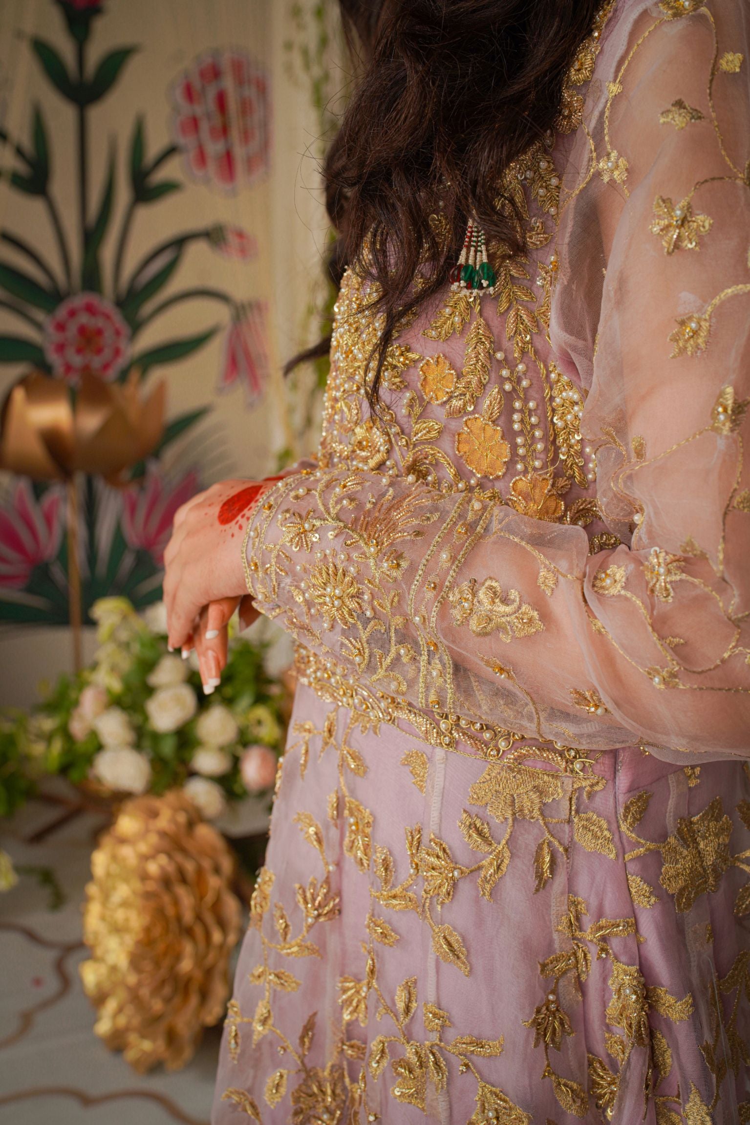 Classy Pakistani Pink and Golden Farshi Lehenga with Embroidered Kurti -