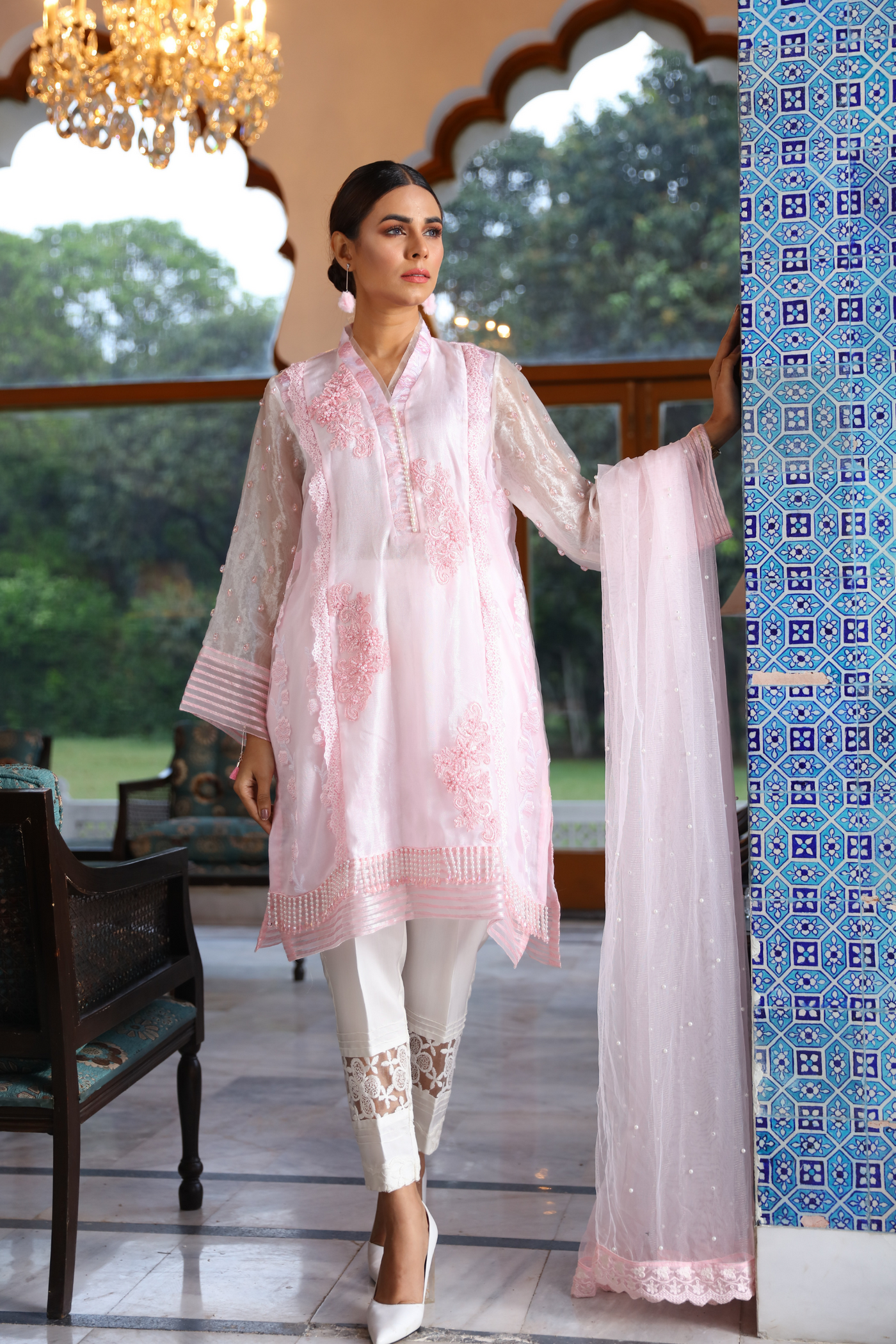 Crystal Pink Mystique Embellished Organza Dress | RJ'S PRET