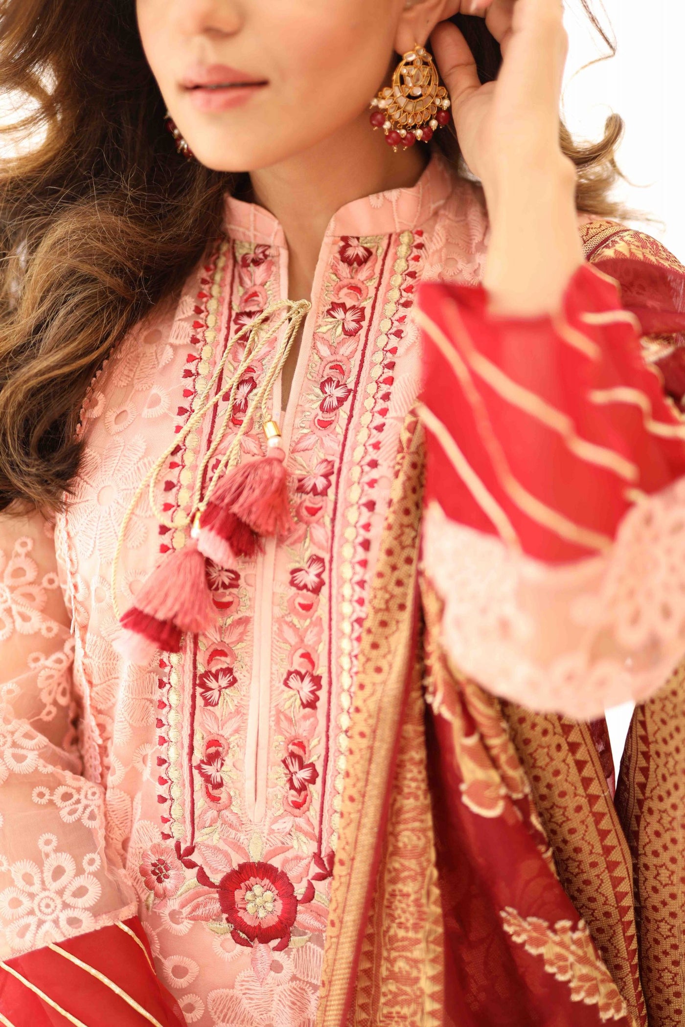 Traditional Peach Bling Embroidered Organza Suit | RJ’S PRET