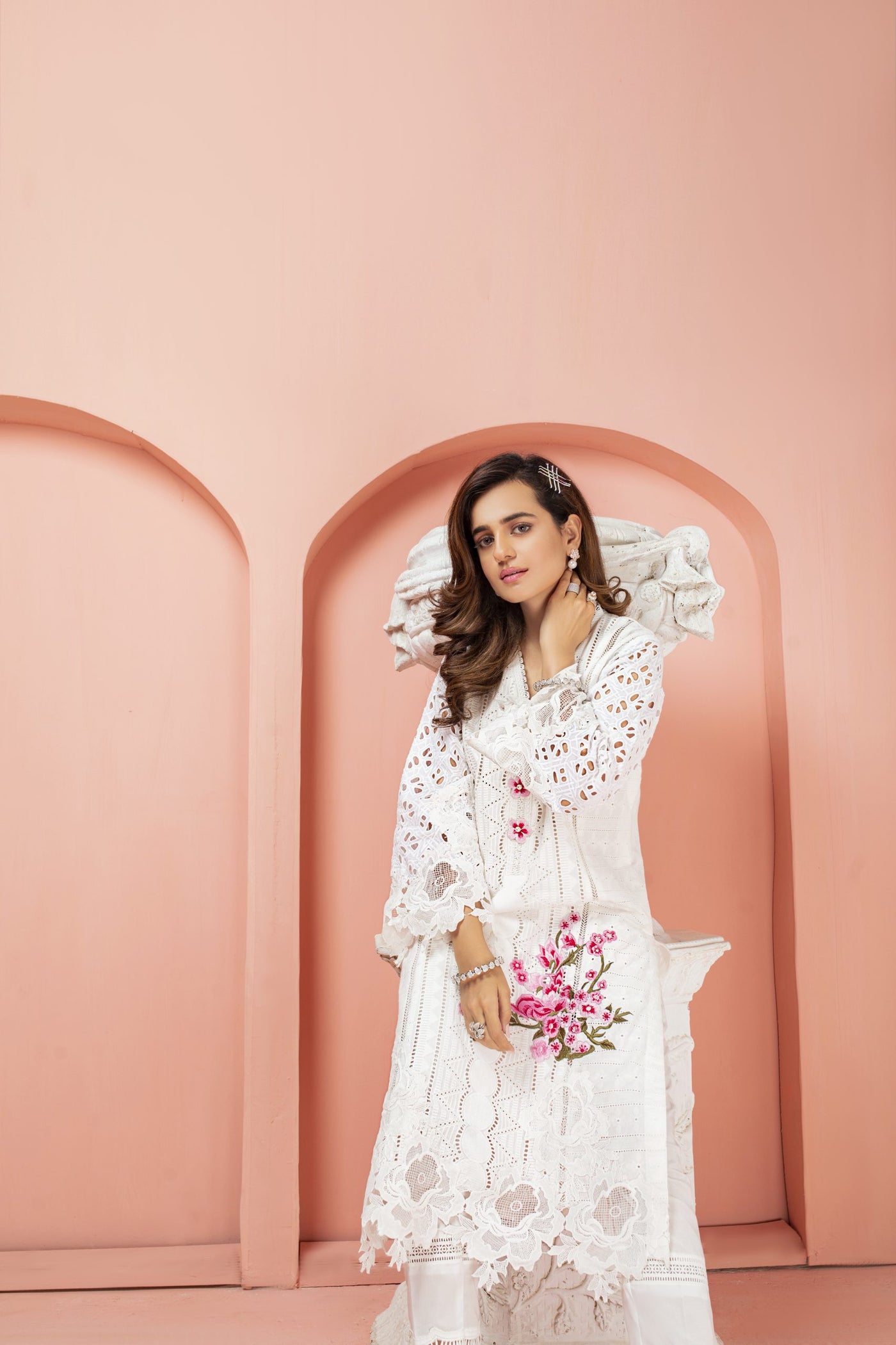 White Blossom Bling Chikankari Outfit | RJ’S PRET