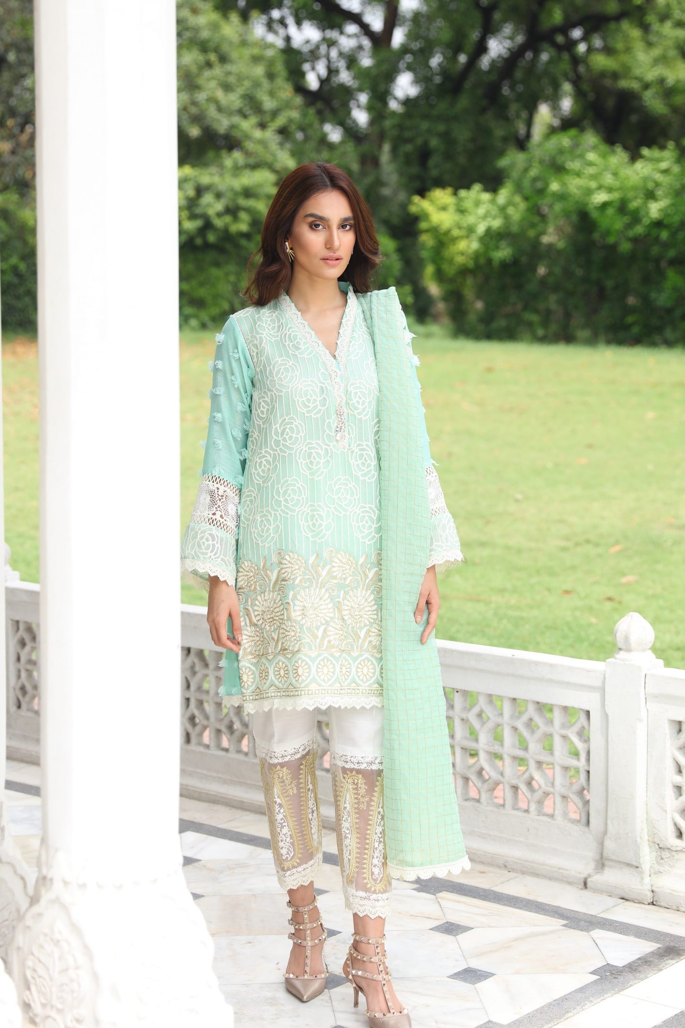 Seafoam Mystique 19 Embroidered Cotton Net Suit | RJ'S PRET