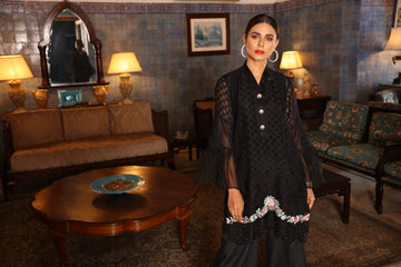 Black Ruffle Dream Mystique Embroidered Organza Dress | RJ'S PRET