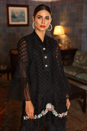 Black Ruffle Dream Mystique Embroidered Organza Dress | RJ'S PRET