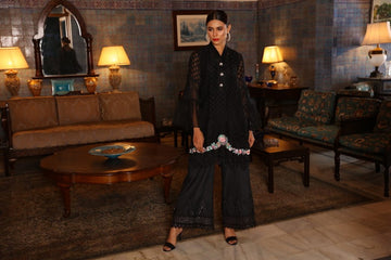 Black Ruffle Dream Mystique Embroidered Organza Dress | RJ'S PRET
