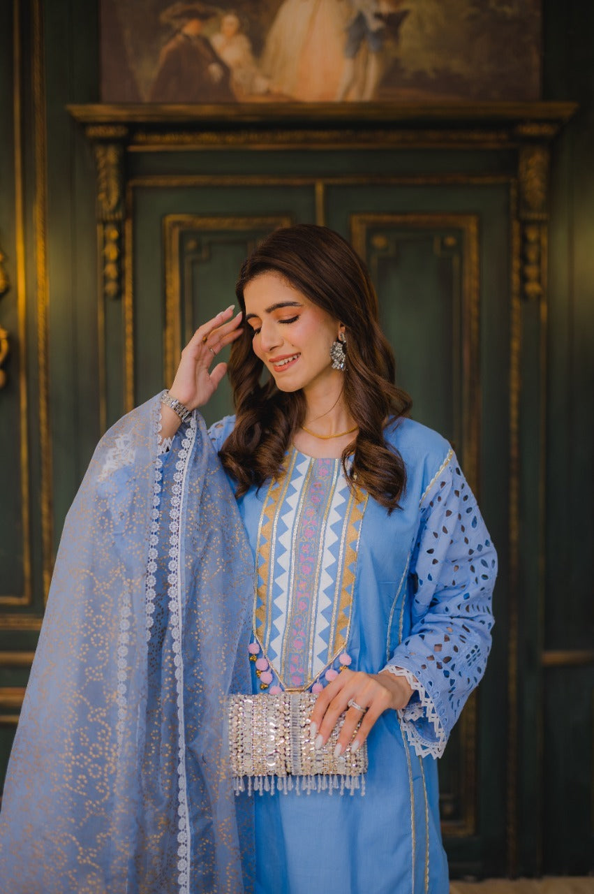 Steel Blue Block Kari – Luxury Block Printed 3 Piece Suit