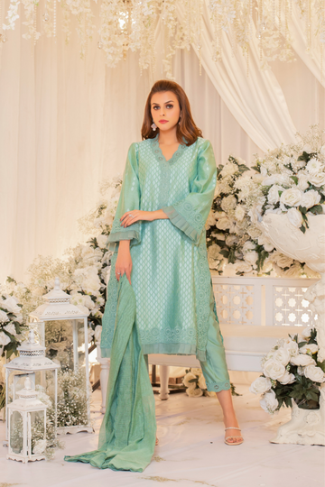 Tiffany Blue Monotone Solids Organza Suit | RJS PRET